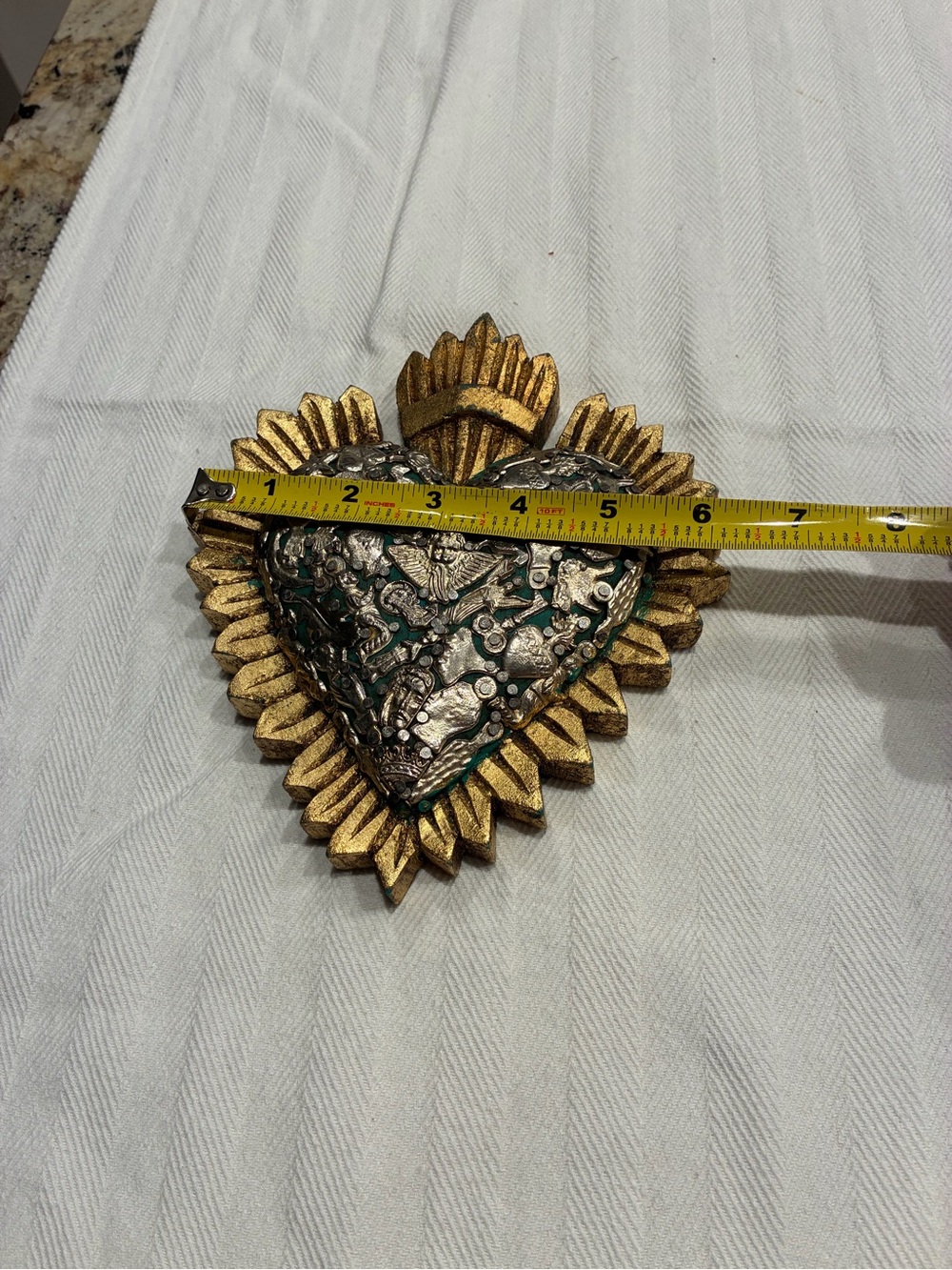 Vintage Handcrafted Sacred Heart Milagros Wall Art - Gold & Silver - Picture 5 of 5